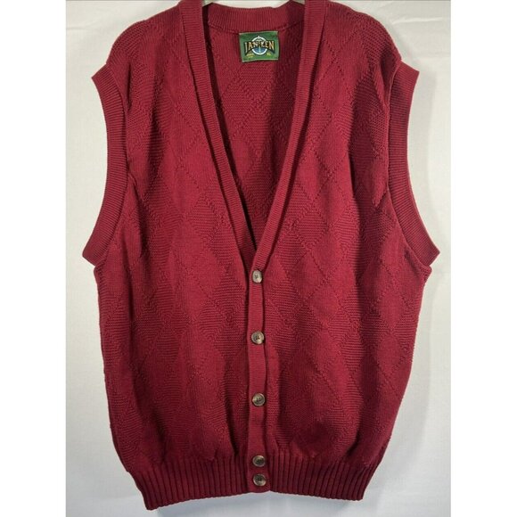 Vintage Jantzen Sweater Vest Mens Large Knit Diamond Solid Red Button Up Grandpa - Picture 1 of 6